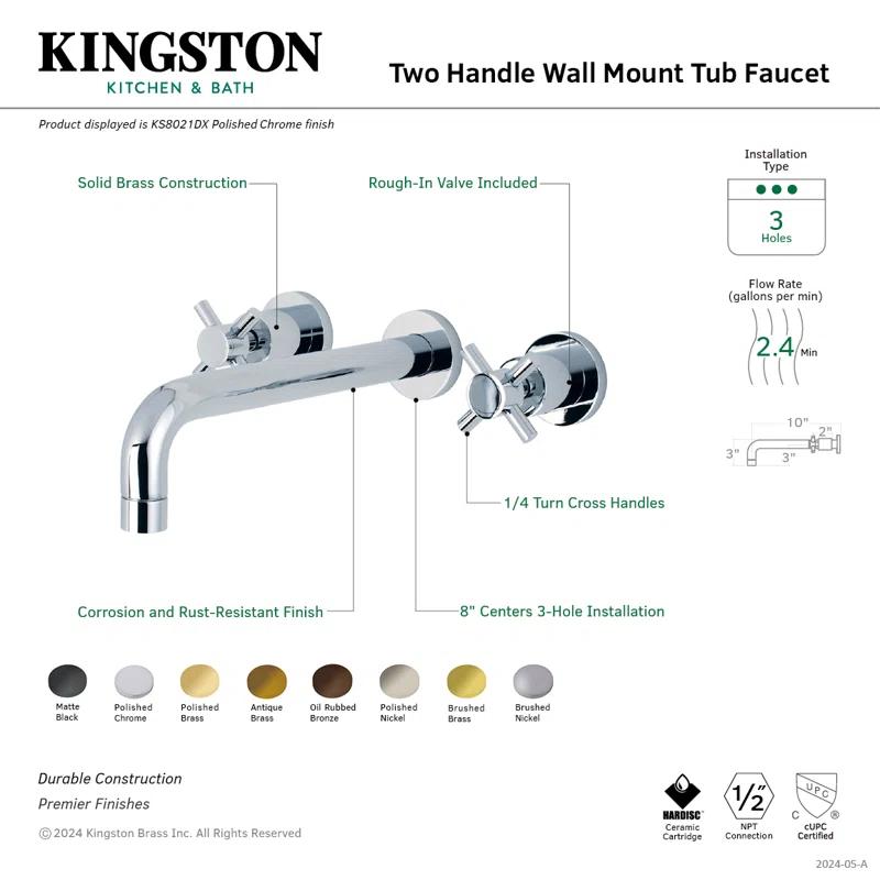 Brushed Brass Double Handle Wall Mount Tub Faucet