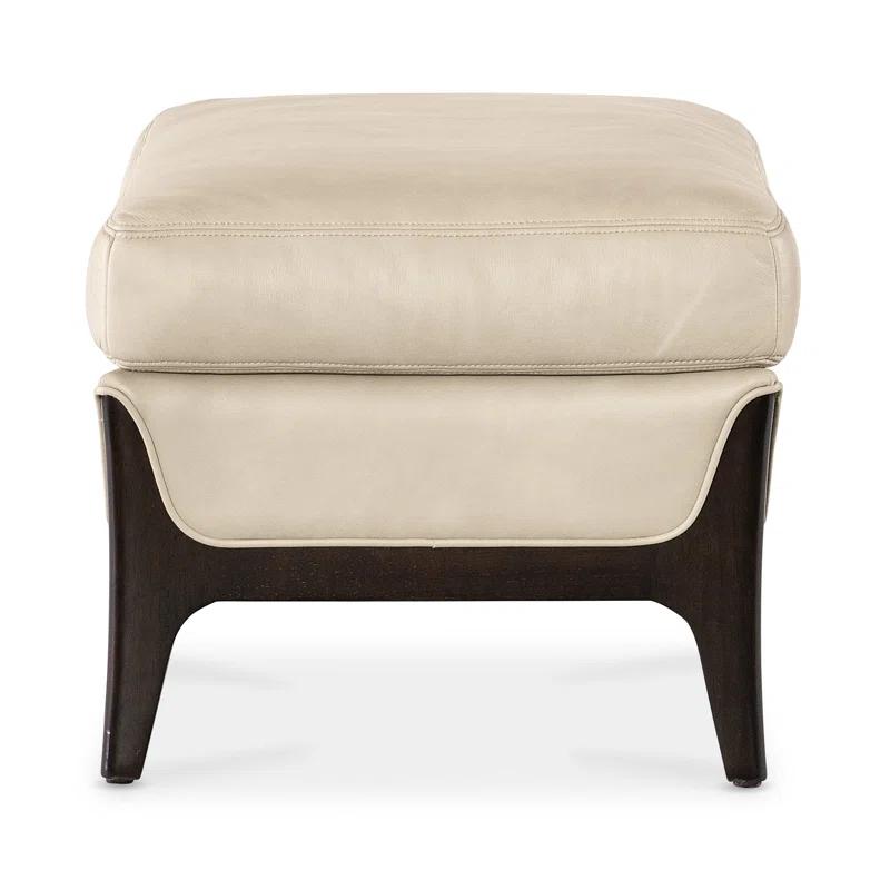 Beige Leather Ottoman with Dark Wood Legs