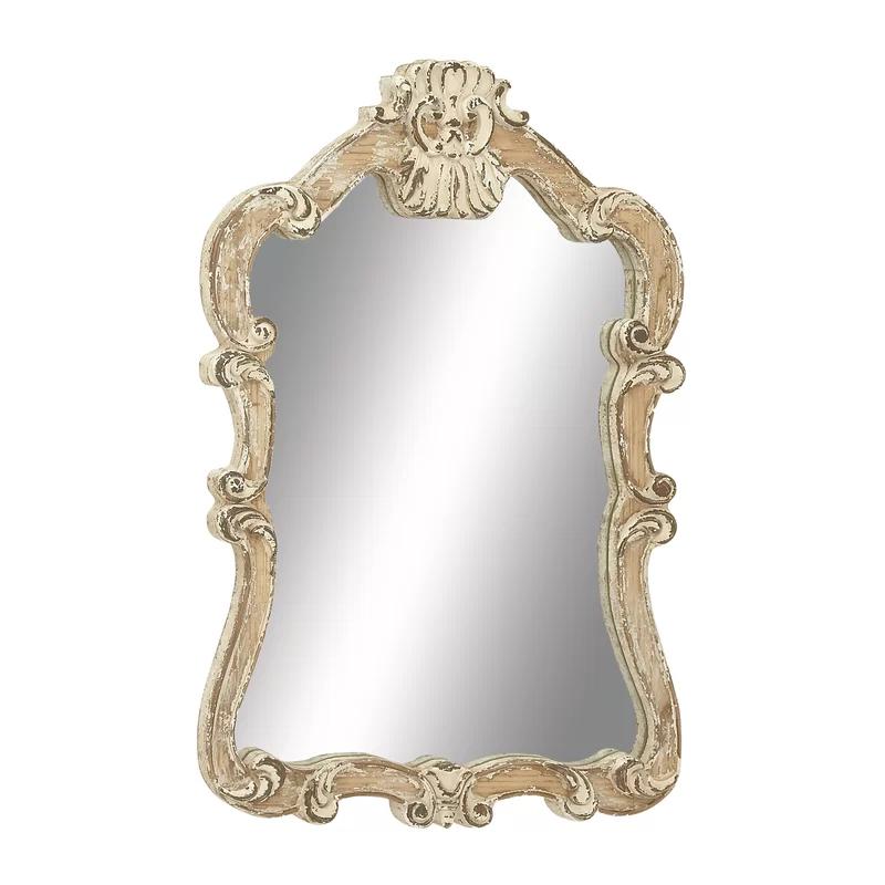Queen Anne Style 39" Arched Wooden Wall Mirror in Distressed Cream
