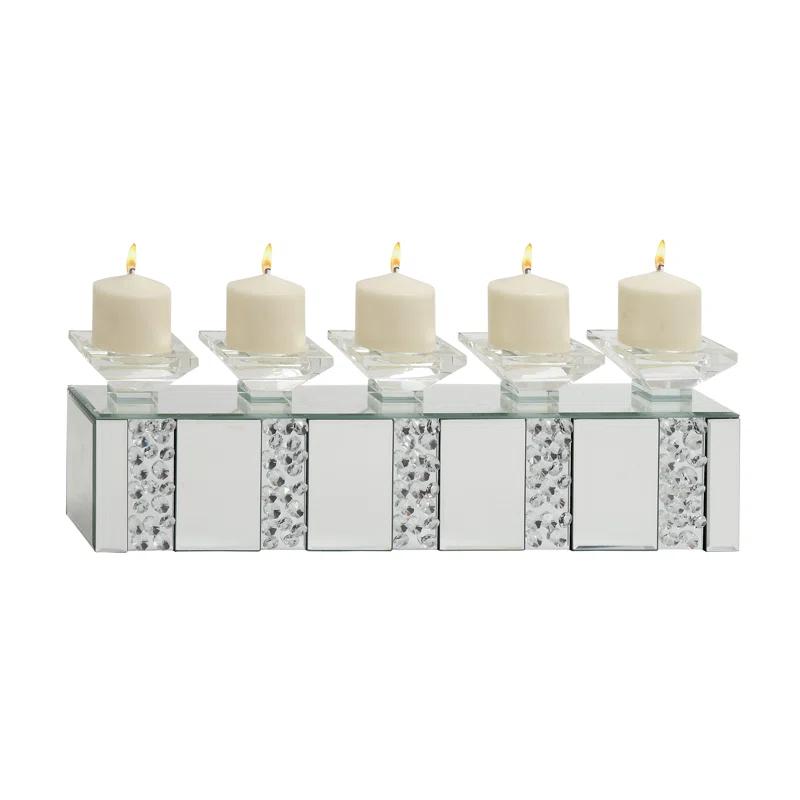 Mercer41 Glass Pillar 5 Plate Decorative Silver Candelabra with Mirrored Accents and Crystals