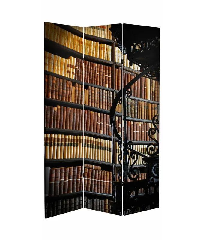 Elegant 6ft Warm Toned Library Canvas 3-Panel Folding Room Divider