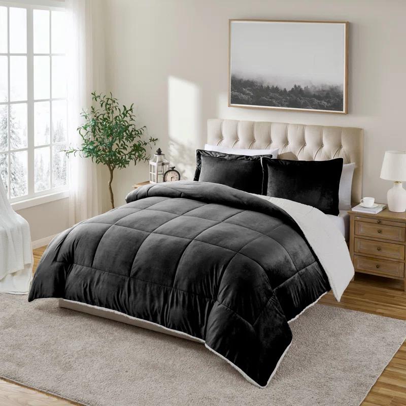 King Black Faux Fur Reversible Comforter Set