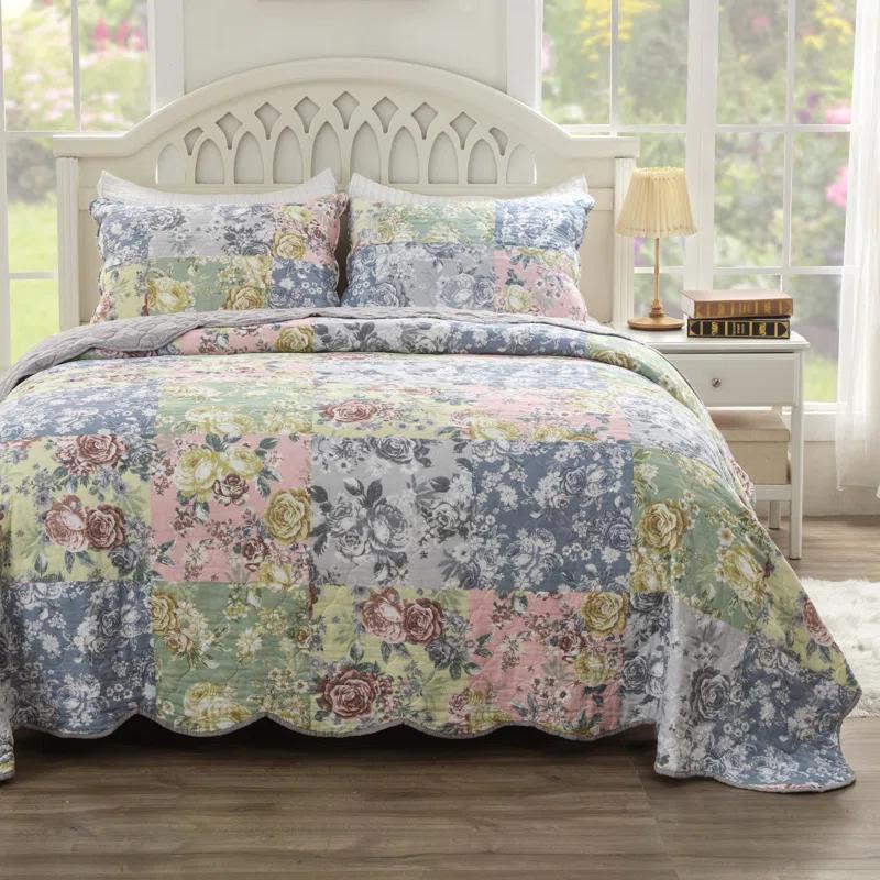 Gray Floral Patchwork Cotton Full Quilt Set