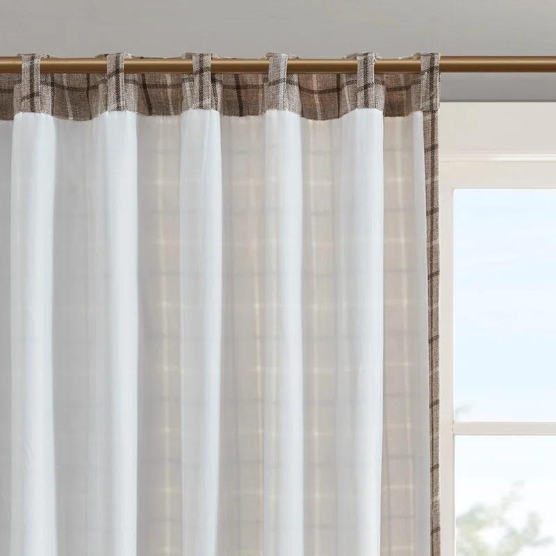 Brown Plaid Polyester Light-Filtering Curtain Panel with Fleece Lining