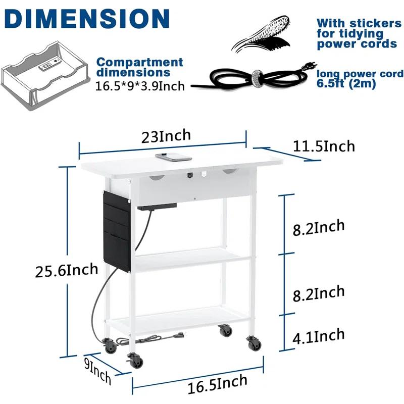 Slim Side Table With Wheels, USB Ports And Outlets, Rolling Narrow End Table With Charging Station And Bag, Flip Top Nightstand With Hidden Storage Shelves For Living Room Bedroom Small Spaces