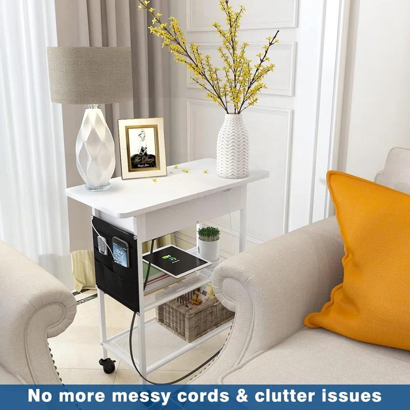 Slim Side Table With Wheels, USB Ports And Outlets, Rolling Narrow End Table With Charging Station And Bag, Flip Top Nightstand With Hidden Storage Shelves For Living Room Bedroom Small Spaces