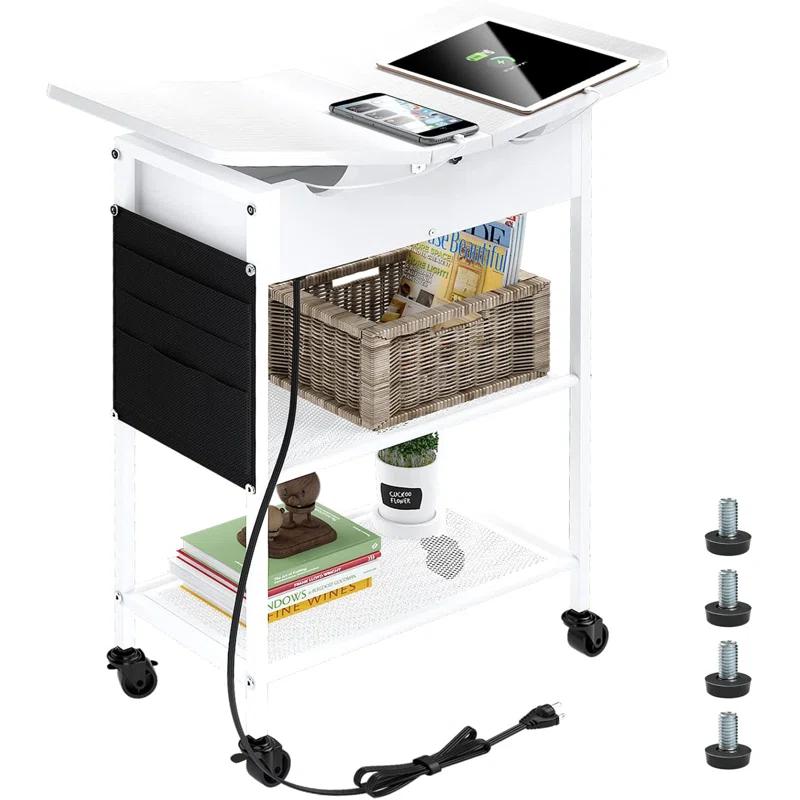 Slim Side Table With Wheels, USB Ports And Outlets, Rolling Narrow End Table With Charging Station And Bag, Flip Top Nightstand With Hidden Storage Shelves For Living Room Bedroom Small Spaces
