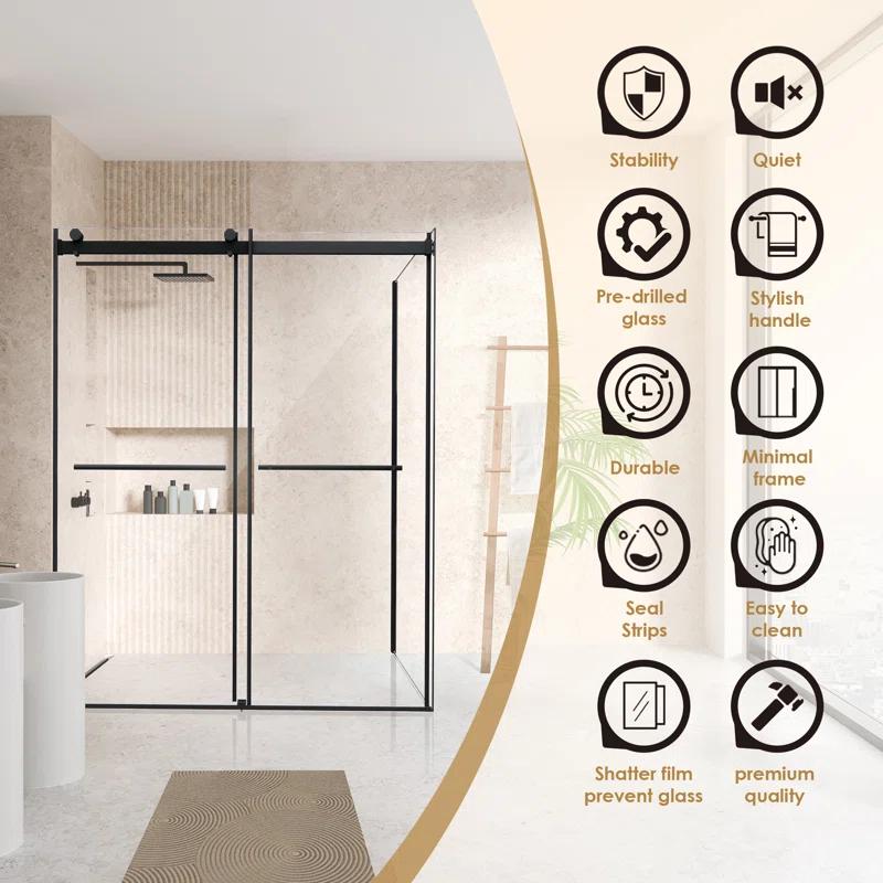 Belizzi 60" W x 76" H By Pass Frameless Exposed Roller Shower Enclosure with Clear Glass