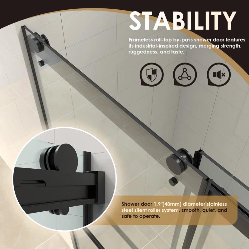 Belizzi 60" W x 76" H By Pass Frameless Exposed Roller Shower Enclosure with Clear Glass