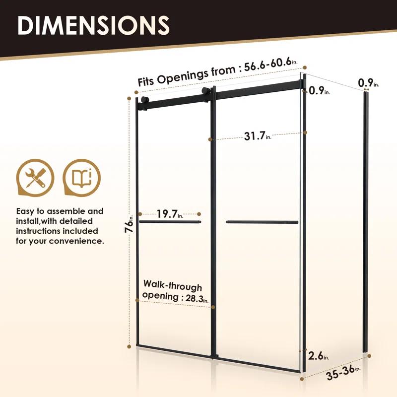 Belizzi 60" W x 76" H By Pass Frameless Exposed Roller Shower Enclosure with Clear Glass