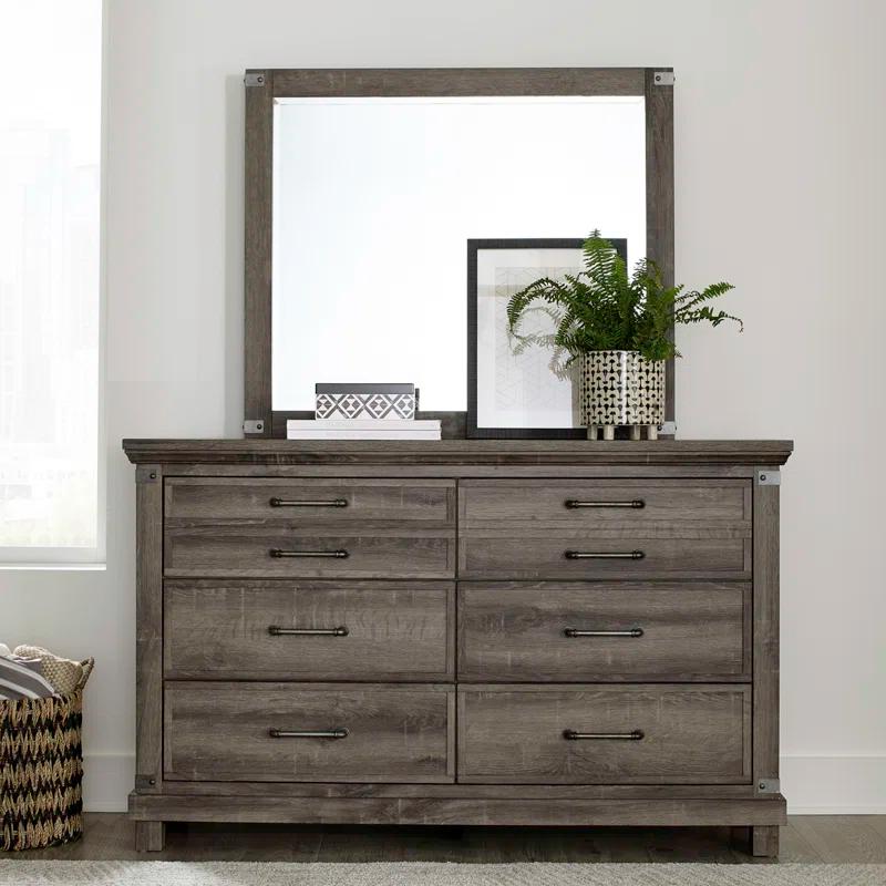 Brownstone Rustic Queen Panel Bed with Dresser and Mirror