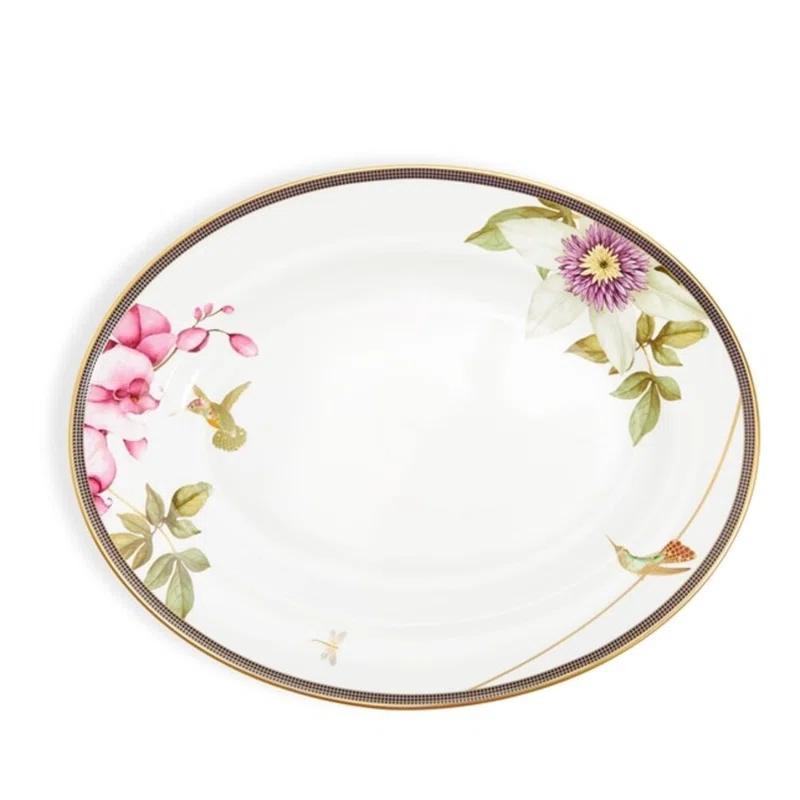 Hummingbird Floral Ceramic Oval Platter with Gold Accent