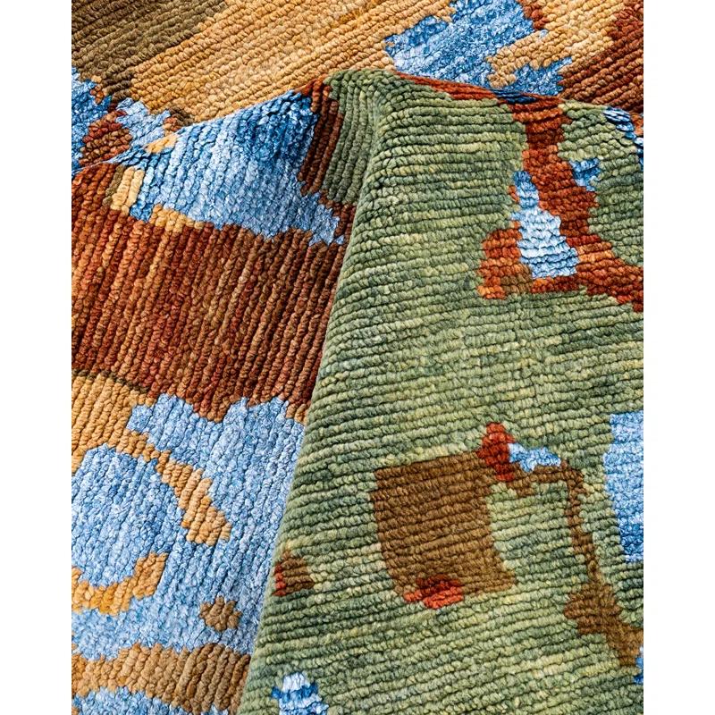 Hand-Knotted Blue and Green Wool Silk Medallion Rug, 8' x 10'