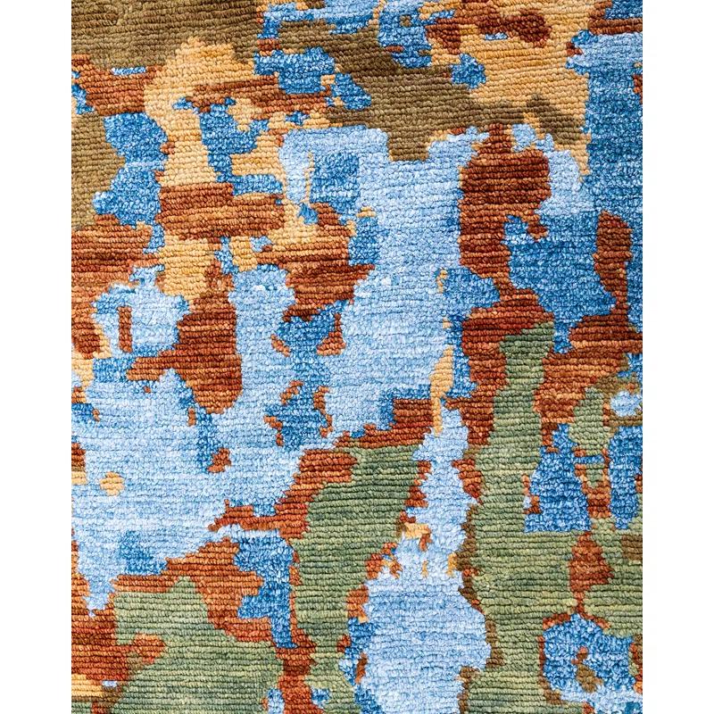 Hand-Knotted Blue and Green Wool Silk Medallion Rug, 8' x 10'