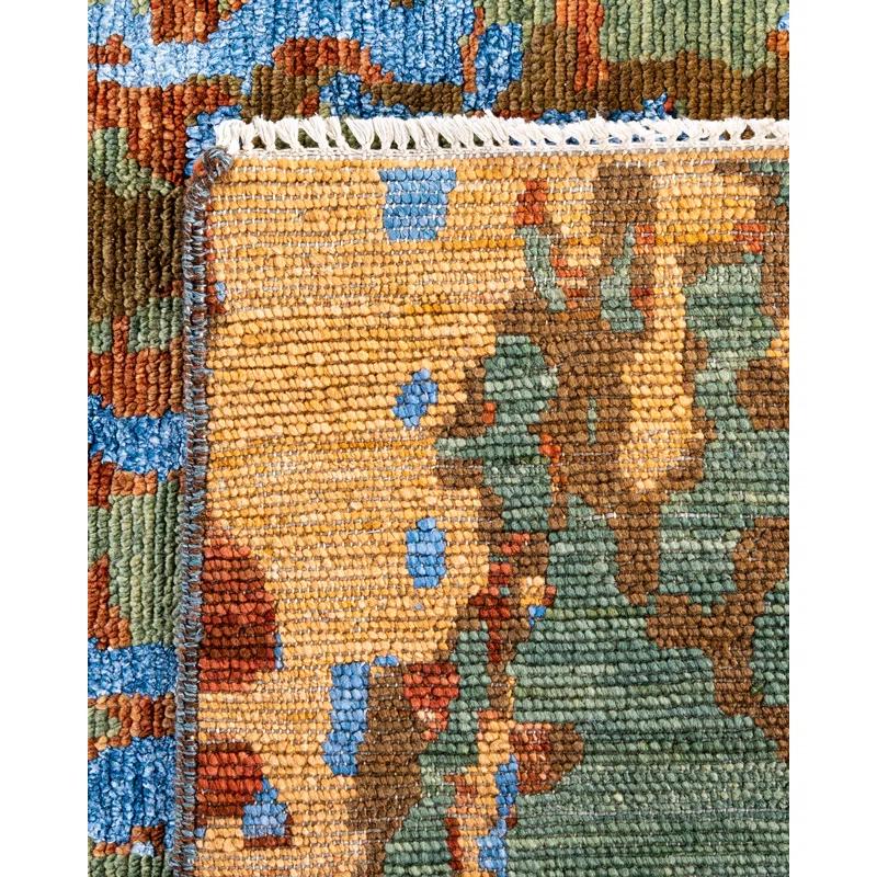 Hand-Knotted Blue and Green Wool Silk Medallion Rug, 8' x 10'