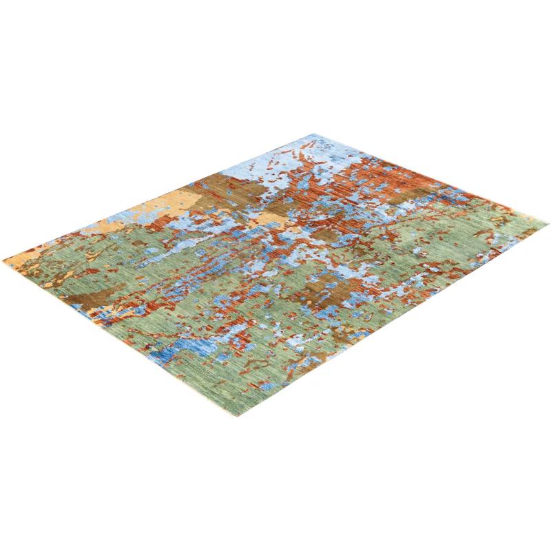 Hand-Knotted Blue and Green Wool Silk Medallion Rug, 8' x 10'