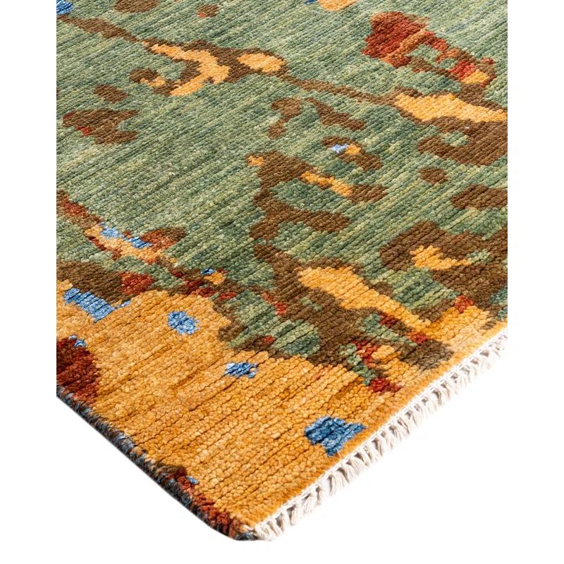Hand-Knotted Blue and Green Wool Silk Medallion Rug, 8' x 10'