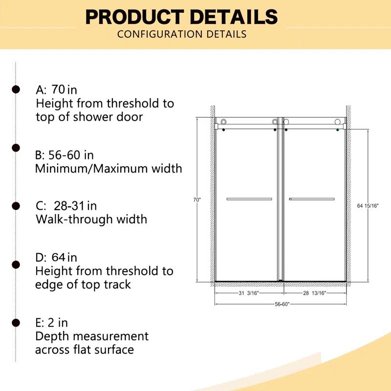 56"-60"W X 70"H Frameless Shower Door, Double Sliding Shower Door, 5/16"(8Mm) Laminated Glass Premium Tempered Glass Shower Enclosure,Double Side Easy Clean Coat Finished With Buffer