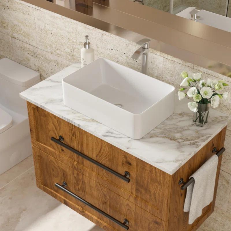 21"X14" White Ceramic Rectangular Vessel Bathroom Sink