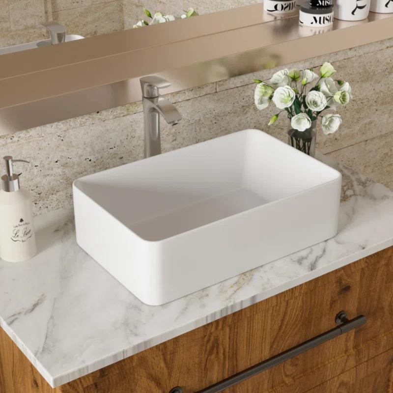21"X14" White Ceramic Rectangular Vessel Bathroom Sink