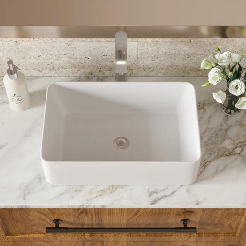 21"X14" White Ceramic Rectangular Vessel Bathroom Sink