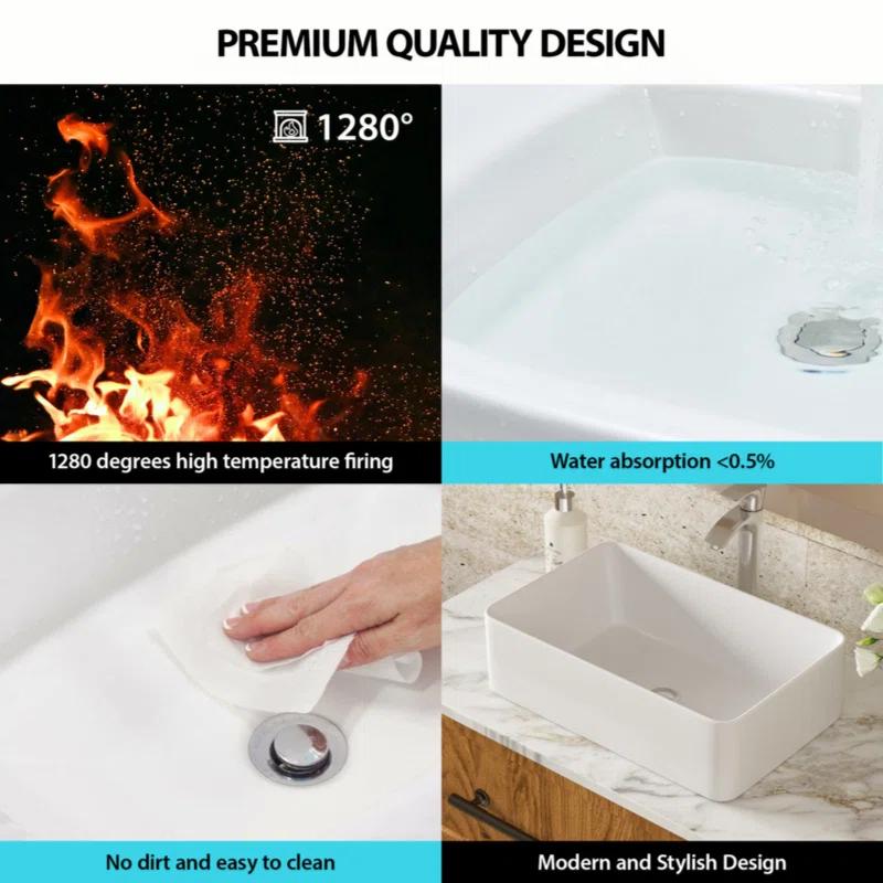21"X14" White Ceramic Rectangular Vessel Bathroom Sink