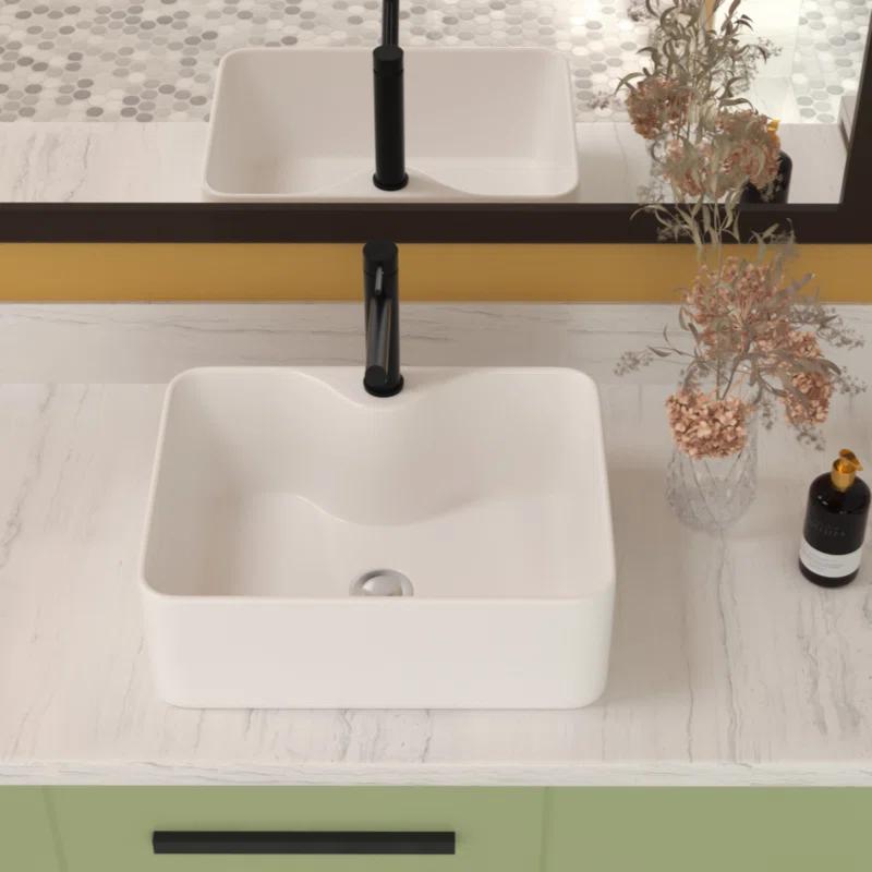 16" x 12" Bathroom Vessel Sink Rectangular Above Counter White Ceramic Vessel Sink with Faucet Hole