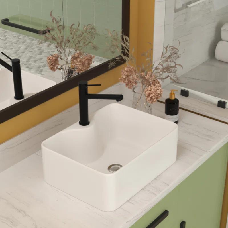 16" x 12" Bathroom Vessel Sink Rectangular Above Counter White Ceramic Vessel Sink with Faucet Hole