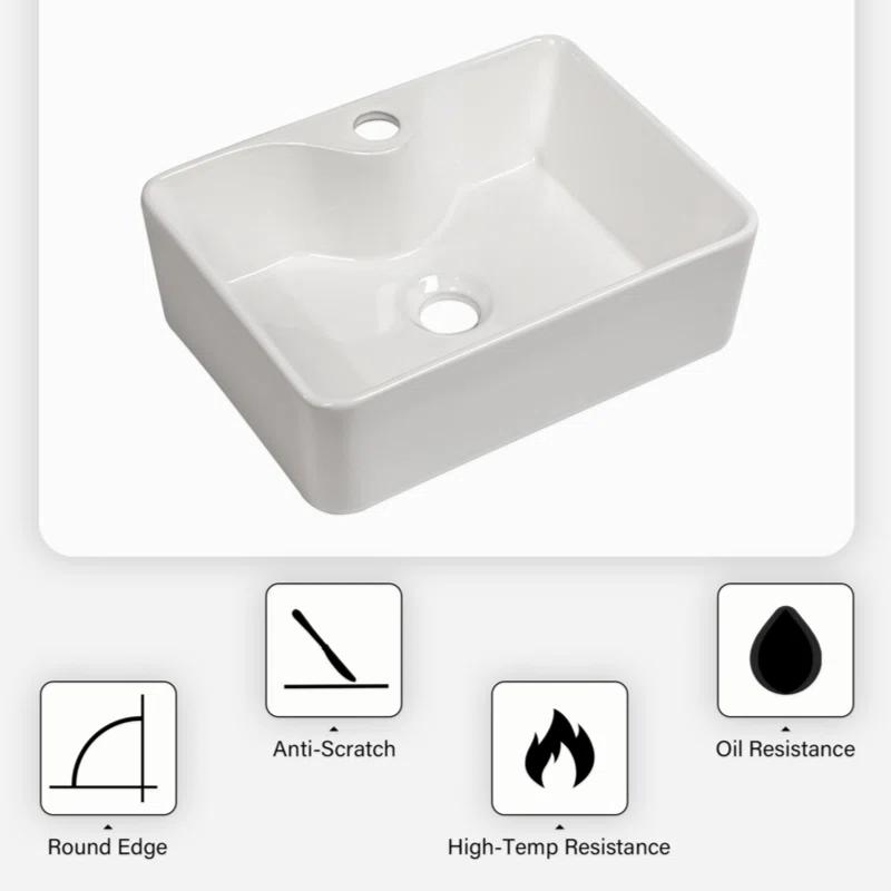 16" x 12" Bathroom Vessel Sink Rectangular Above Counter White Ceramic Vessel Sink with Faucet Hole