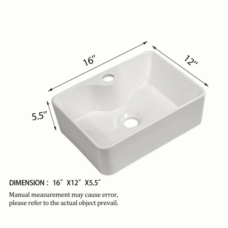 16" x 12" Bathroom Vessel Sink Rectangular Above Counter White Ceramic Vessel Sink with Faucet Hole