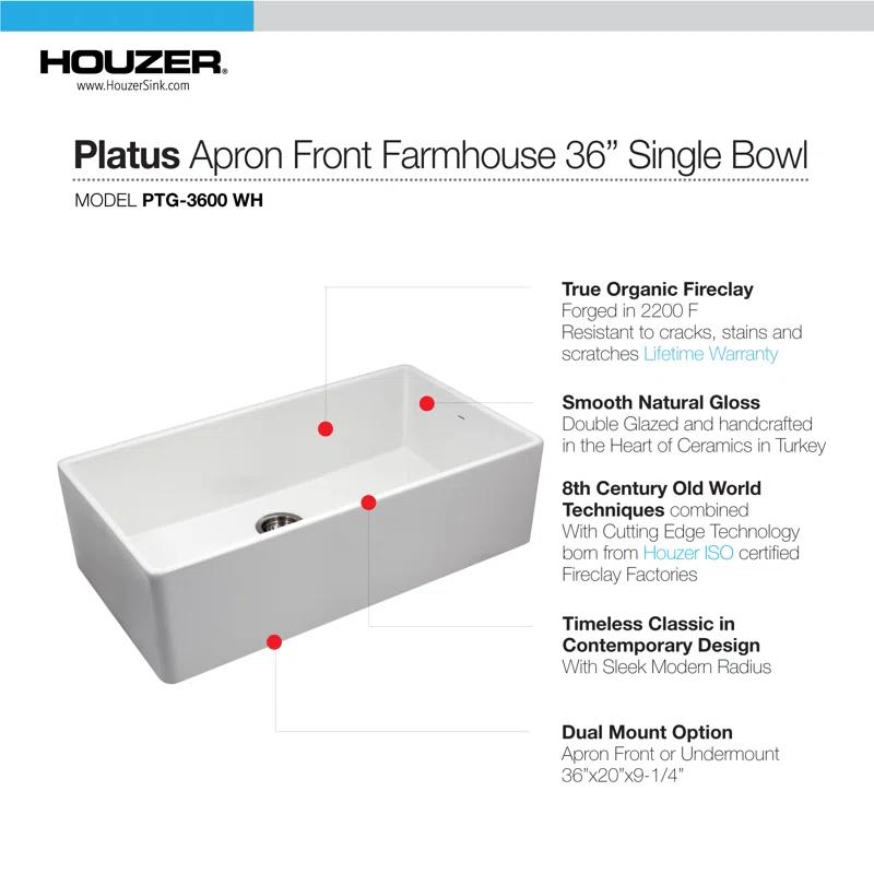 Platus Houzer Farmhouse Apron Front/Undermount 36 inch Fireclay Single Bowl Kitchen Sink