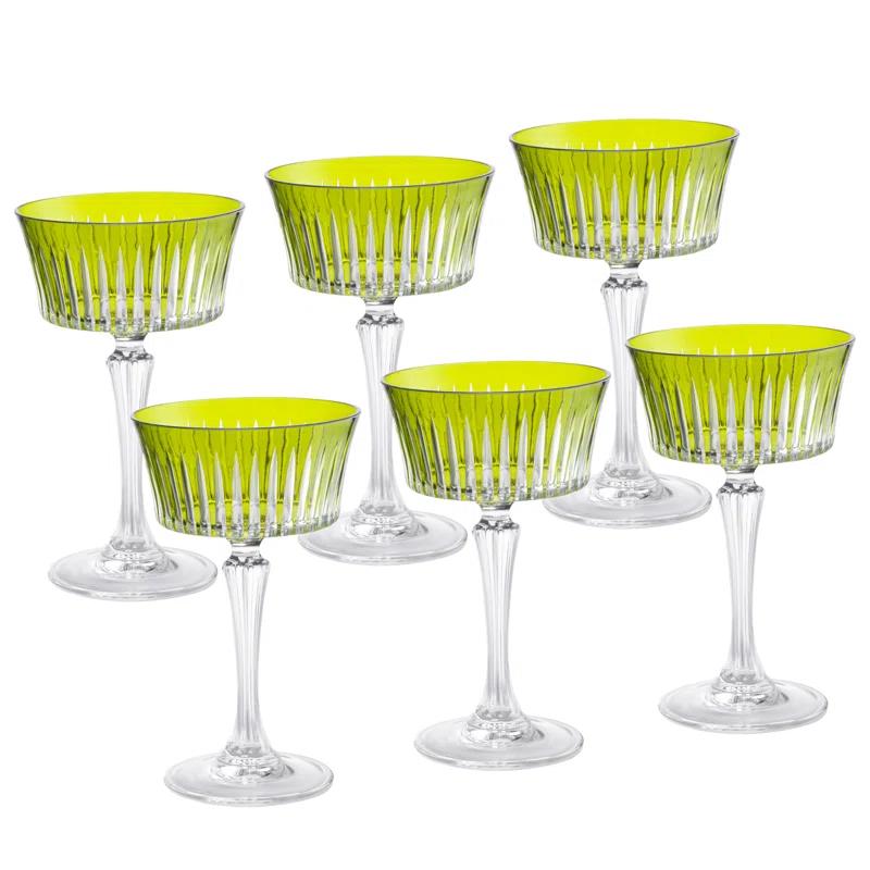 Green European Crystal Champagne Coupe Glasses, Set of 6