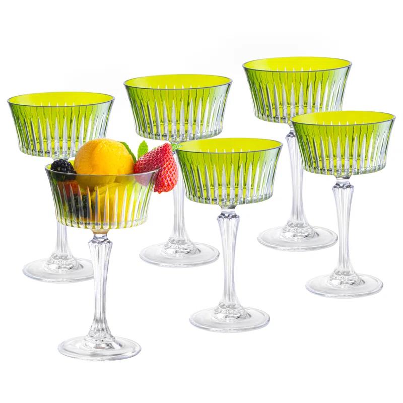Green European Crystal Champagne Coupe Glasses, Set of 6