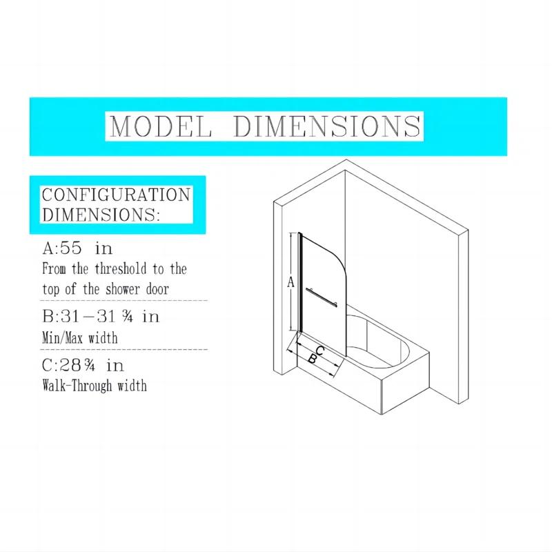 31"W x 55"H Frameless Folding Pivot Shower Tub Door Reversible Installation