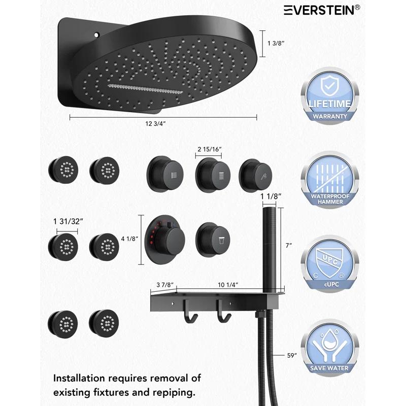 Wall Mounted Dual Thermostatic Shower Shower Faucet Set ,Waterfall & Rainfall Shower Head with Rough-In Valve