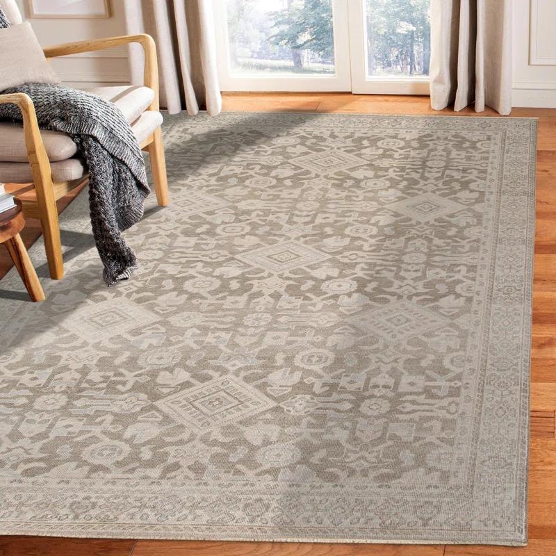 Reversible Taupe Hand-Knotted Wool & Viscose Accent Rug with Faded Embellishment