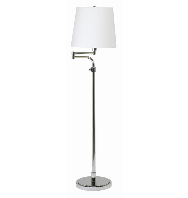 Adjustable Polished Nickel Swing Arm Floor Lamp with Off-White Linen Shade
