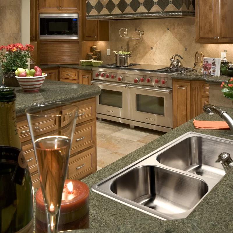 Elegant 33" Satin Finish Stainless Steel Dual Bowl Drop-In Kitchen Sink