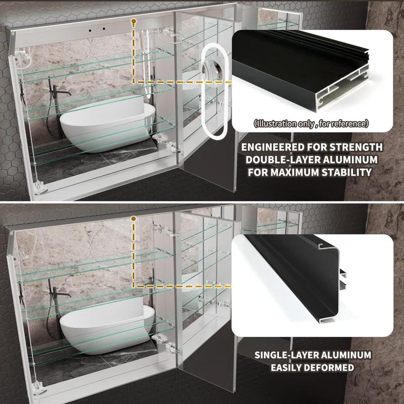 MEDUNJESS 72''x36'' Surface or Recessed Mount LED Medicine Cabinet with Mirror and Defogger 3 doors Medicine Cabinet