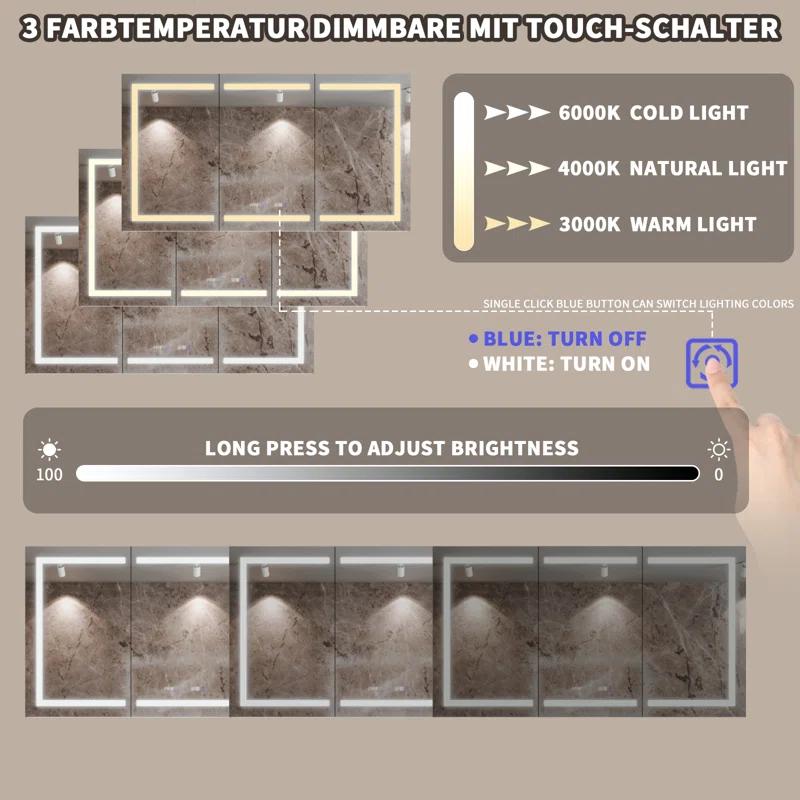 MEDUNJESS 72''x36'' Surface or Recessed Mount LED Medicine Cabinet with Mirror and Defogger 3 doors Medicine Cabinet