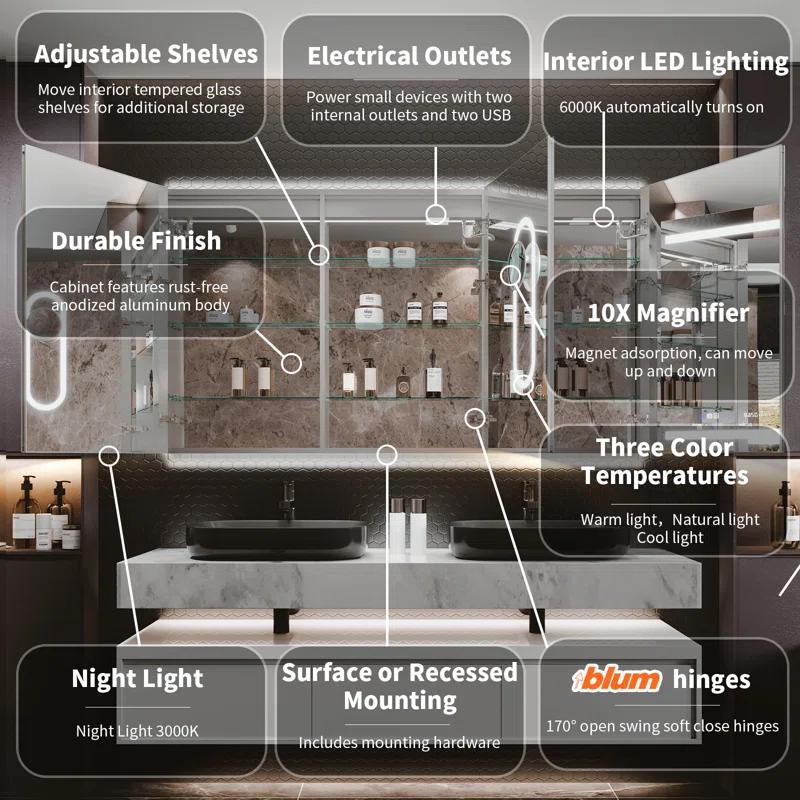 MEDUNJESS 72''x36'' Surface or Recessed Mount LED Medicine Cabinet with Mirror and Defogger 3 doors Medicine Cabinet