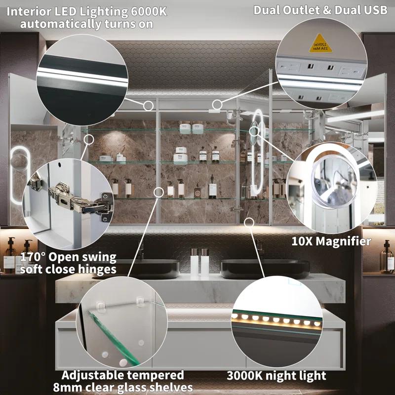 MEDUNJESS 72''x36'' Surface or Recessed Mount LED Medicine Cabinet with Mirror and Defogger 3 doors Medicine Cabinet