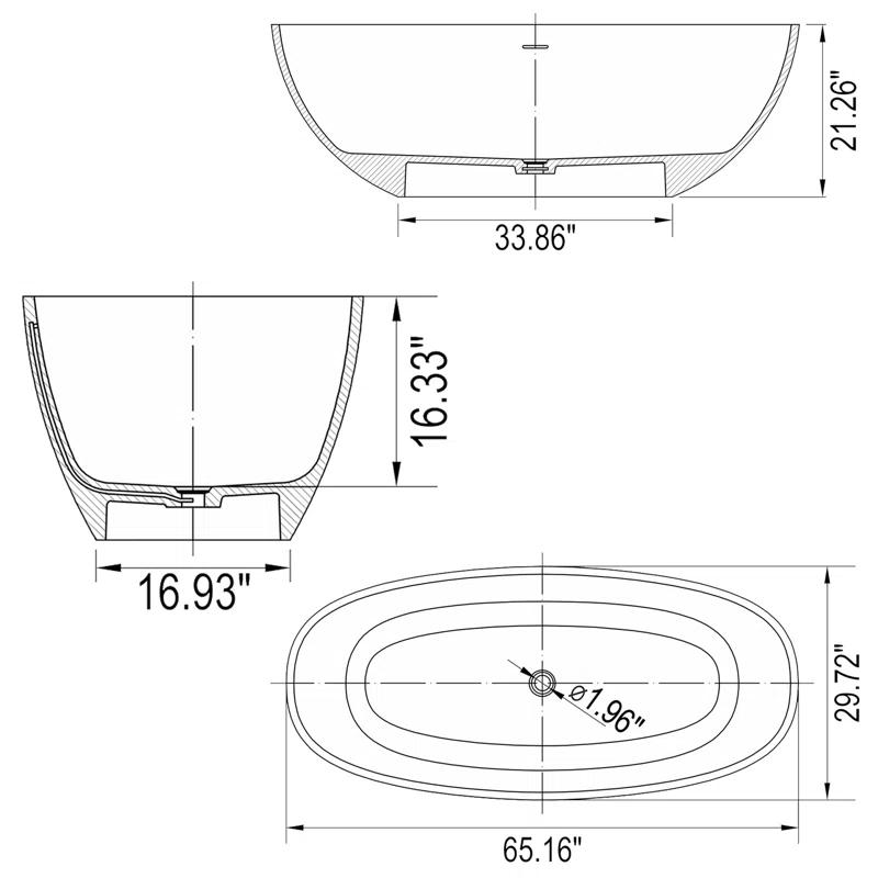 TCYO 65 in. x 30 in. Solid Surface Freestanding Soaking Bathtub with Center Drain in Matte White TYMYBT11-65MW