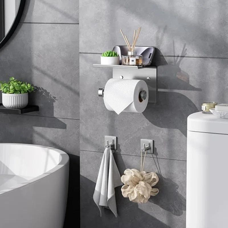 Toilet Paper Holder with Phone Shelf and Towel Robe Hooks