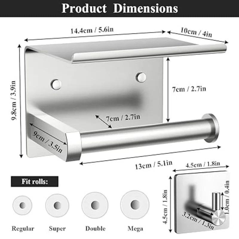 Toilet Paper Holder with Phone Shelf and Towel Robe Hooks