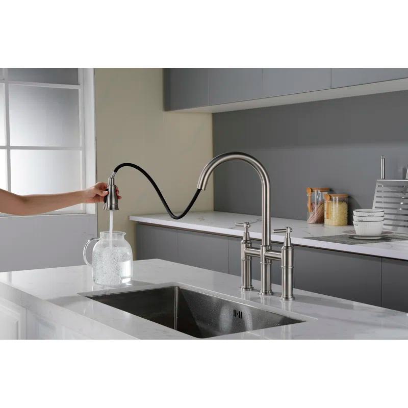 RBROHANT LYJ0078 17.32" Bridge Kitchen Faucet with Pull Down Sprayer, Bridge Faucet for Kitchen Sink 3 Holes