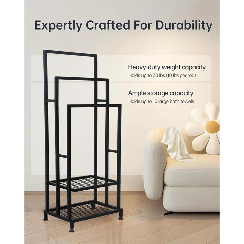 Black 41" H Free Standing 3 Tier Blanket Rack with 2 Storage Shelves - Anti-Rust Towel Rack for Bathroom, Outdoor, Bath & Pool (41"x16"x12")