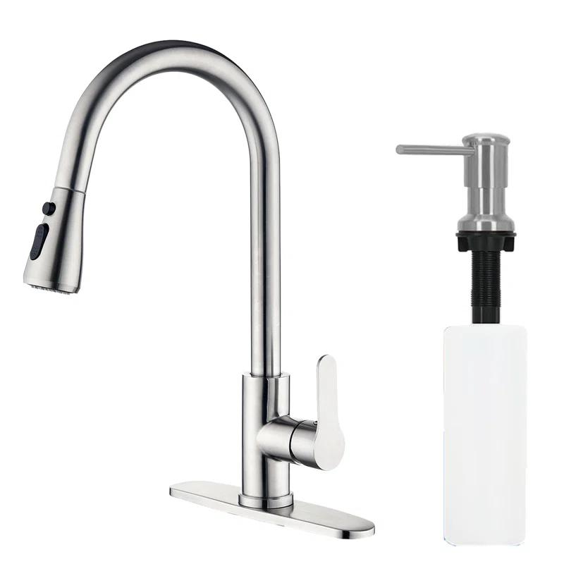 Stainless Steel Single-Handle Pull-Down Sprayer Kitchen Faucet with Soap Dispenser in Brushed Nickel
