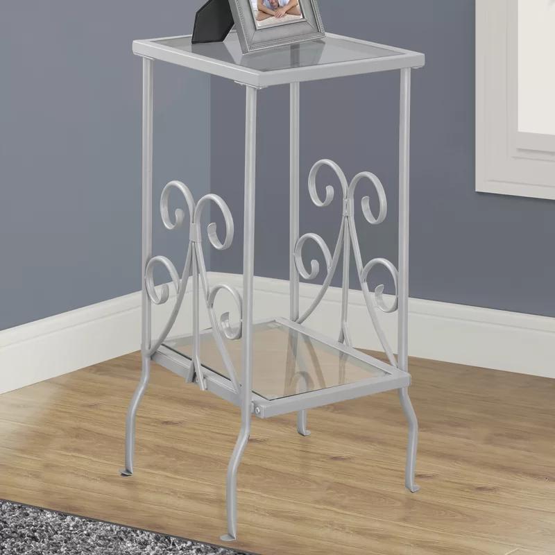 Gray Metal and Glass Scrollwork Accent Table