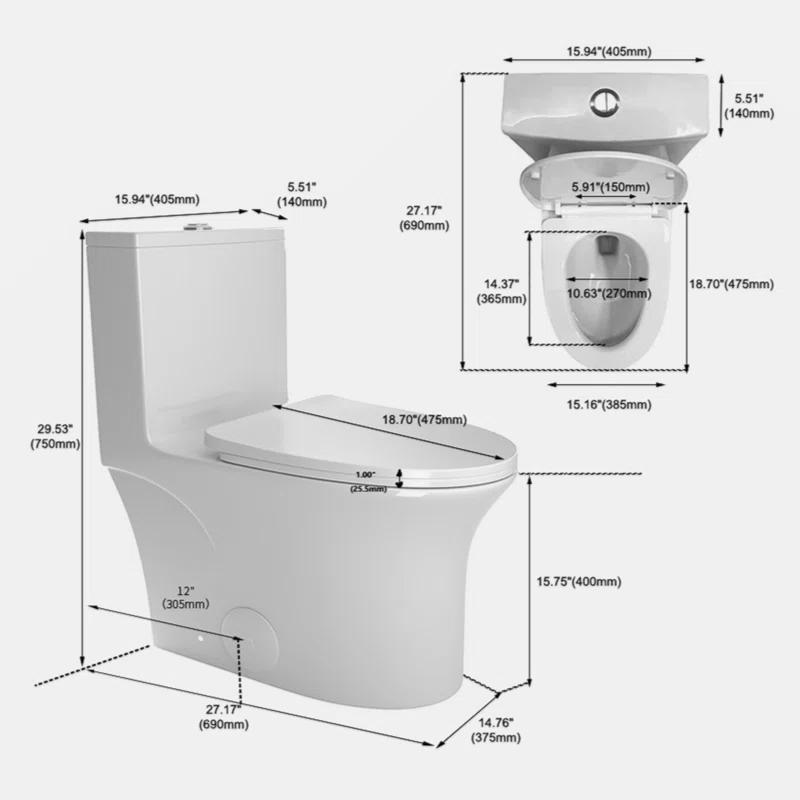 1.1/1.6 GPF Elongated Comfort Height Floor Mounted One-Piece Toilet, CUPC Certified, Watersense Cetified, Ceramic, White Color, Soft Close Seat T039WT